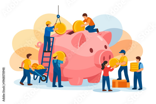 Teamwork builds a large piggy bank with coins for savings.