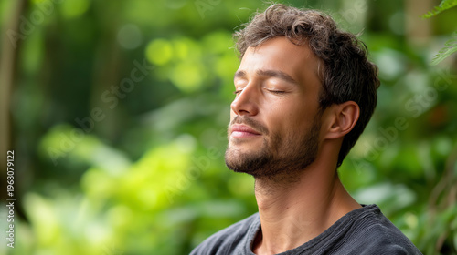 Young man meditating with eyes closed in a nature forest, mindfulness and outdoor wellness lifestyle concept, defocused background, with copy space