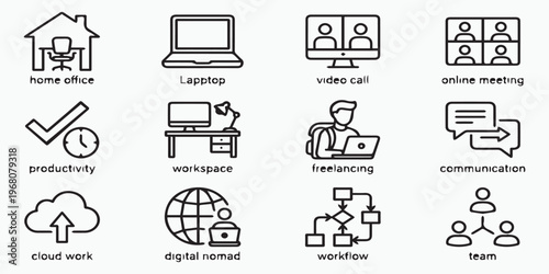 Black and white line icons illustrating remote work concepts on white background