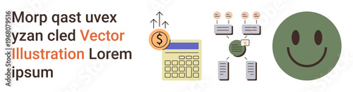 Finance, data management, business strategies, decision-making, positive feedback, economic growth. Coin, calculator flow chart happy face. Finance and data management concepts