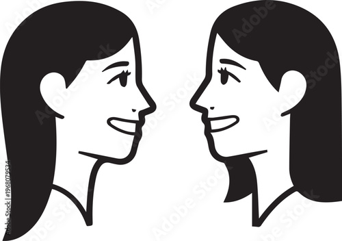 Two girls are looking at each other, mirroring each other, celebrating girl friendship and camaraderie.