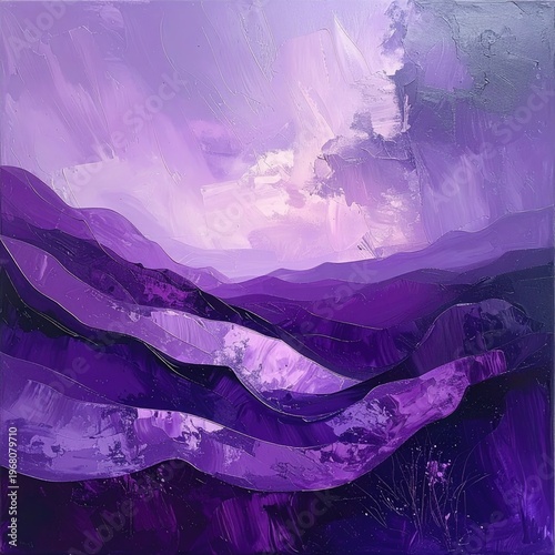 Purple hills and sky rendered in textured, thick brushstrokes