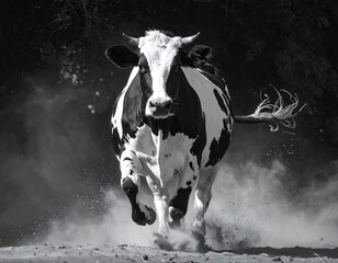 A black and white cow runs forward through dusty terrain