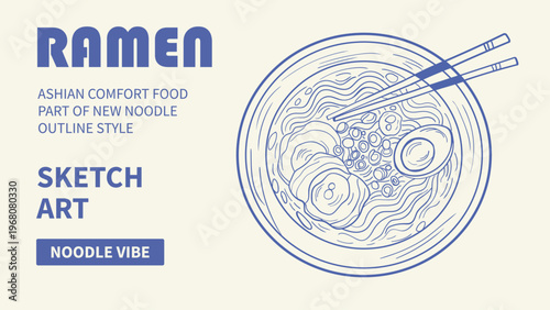 Ramen ashian comfort food part of new noodle outline sketch art.