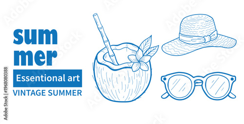 Summer vacation icons with coconut cocktail straw hat sunglasses.