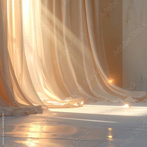 Sunlit cream drapes cascade onto a marble floor corner
