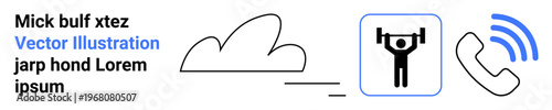 Technology, fitness, communication, networking, data sharing, wireless connection. Icons of a cloud, weightlifter phone receiver. Technology and fitness integration concept