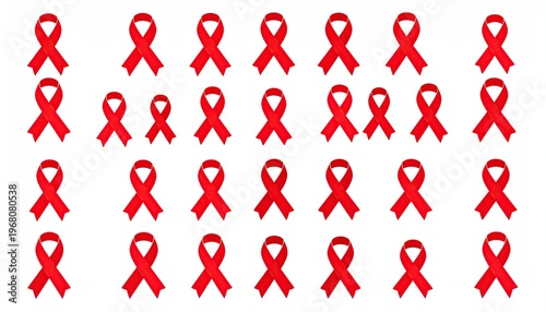 Red ribbons, rows. Support symbol arranged in a pattern