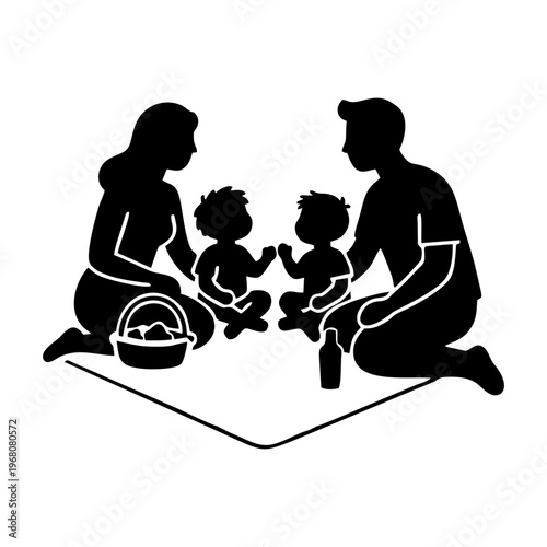 silhouette of a family having a picnic on a white background