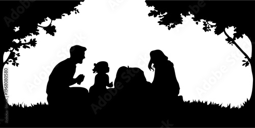 silhouette of a family having a picnic on a white background