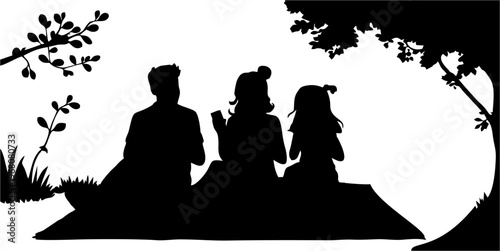 silhouette of a family having a picnic on a white background