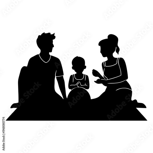 silhouette of a family having a picnic on a white background