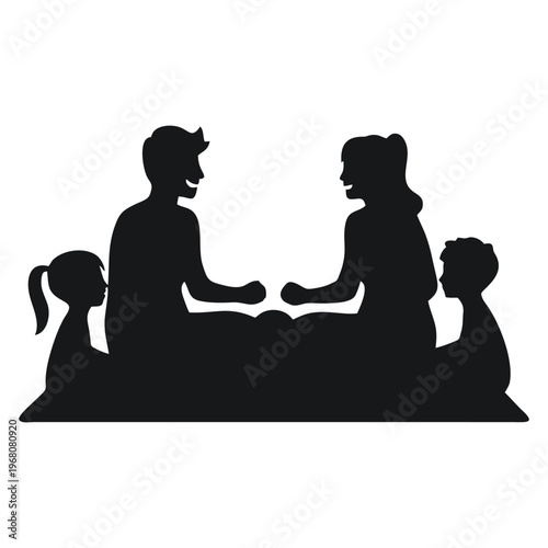 silhouette of a family having a picnic on a white background