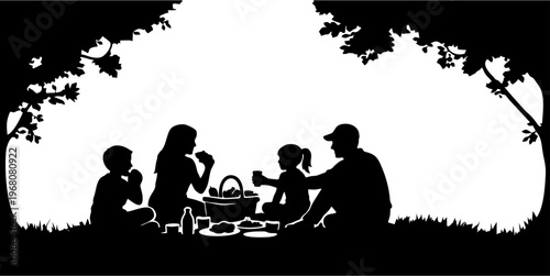 silhouette of a family having a picnic on a white background