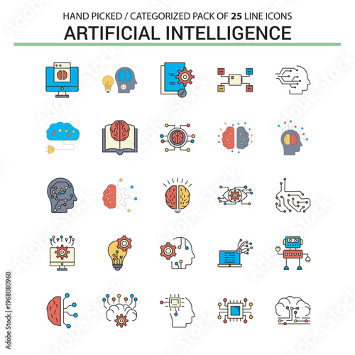 Artificial Intelligence Icons: A curated collection of 25 meticulously designed line icons, each representing a facet of artificial intelligence, perfect for design needs.
