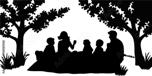 silhouette of a family having a picnic on a white background
