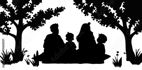 silhouette of a family having a picnic on a white background