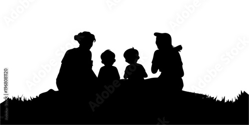 silhouette of a family having a picnic on a white background