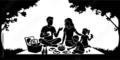 silhouette of a family having a picnic on a white background