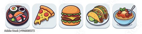 A vibrant collection of cartoon-style icons featuring popular fast foods like sushi, pizza, burgers, tacos, and spaghetti, perfect for menus and digital graphics.