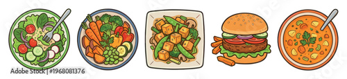 A vibrant collection of cartoon-style healthy meals including salad, vegetable bowl, tofu dish, burger, and soup, perfect for health food promotions.
