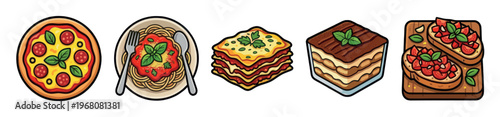 A colorful collection of Italian food illustrations including pizza, spaghetti, lasagna, tiramisu, and bruschetta, perfect for menus or culinary themes.