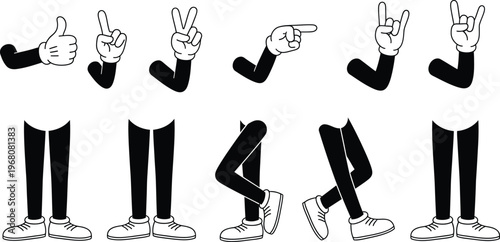 Cartoon legs and hands in various gestures and positions on white background