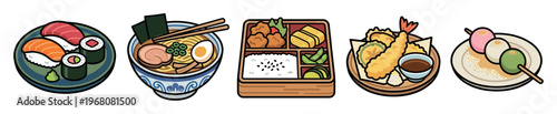 A vibrant vector illustration showcases a collection of popular Japanese dishes including sushi, ramen, bento box, tempura, and mochi, perfect for culinary themes.