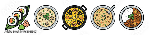 A collection of five stylized food illustrations including sushi, risotto, paella, fried rice, and curry, presented on a clean white background.