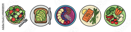 A colorful flat illustration showcasing a variety of healthy meals including salad, avocado toast, smoothie bowl, salmon, and vegetables, perfect for healthy eating concepts.