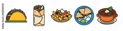 A colorful set of flat design icons featuring popular Mexican dishes like tacos, burritos, nachos, quesadillas, and chili, perfect for menus or illustrations.