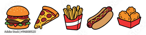 A vibrant, cartoon-style illustration showcases a classic hamburger, a slice of pepperoni pizza, french fries in a red container, a hot dog with mustard, and chicken nuggets.