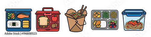 A collection of five colorful lunch containers filled with various meals, offering a diverse selection of food options for school or work.