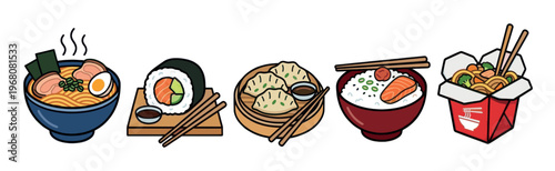 A vibrant and colorful flat illustration showcasing a collection of popular Asian dishes including ramen, sushi, dumplings, rice with salmon, and noodles in a takeout box.