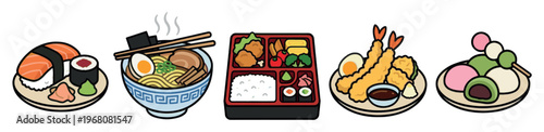 A colorful collection of popular Japanese dishes, including sushi, ramen, bento box, tempura, and mochi, presented in a clean, graphic illustration style on a white background.