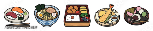 A vibrant cartoon illustration showcases a collection of popular Japanese dishes including sushi, ramen, a bento box, tempura, and wagashi sweets, perfect for culinary themes.