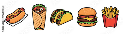 A colorful cartoon illustration features a collection of popular fast food items, including a hot dog, wrap, tacos, burger, and french fries, arranged on a white background.