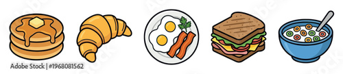 Collection of colorful, flat design icons representing various breakfast foods including pancakes, croissant, fried eggs with bacon, sandwich, and cereal in a bowl.