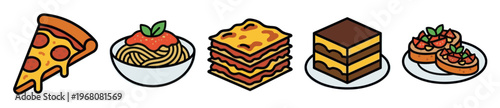 A set of five isometric illustrations of popular Italian dishes, including a slice of pepperoni pizza, spaghetti with sauce, layered lasagna, tiramisu dessert, and bruschetta appetizers.