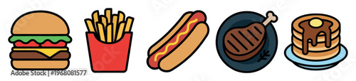 A set of five colorful, stylized icons representing popular junk food items including a hamburger, french fries, a hot dog, a steak, and pancakes, isolated on a white background.