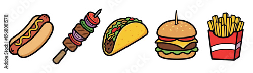 A collection of cartoon-style fast food illustrations including a hot dog, skewer, taco, hamburger, and french fries on a white background.