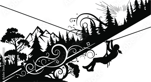 Silhouette of a person zip-lining through a stylized mountainous landscape filled with trees and decorative swirls.