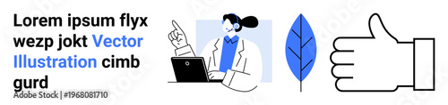 Workflow efficiency, business innovation, environmental awareness, teamwork, decision-making, approval concepts. A professional working on a laptop, blue leaf and a thumbs-up symbol. Workflow