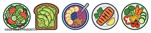 A vibrant illustration of five healthy meals including salad, avocado toast, acai bowl, grilled salmon, and fresh vegetables, perfect for dietary content or menu design.