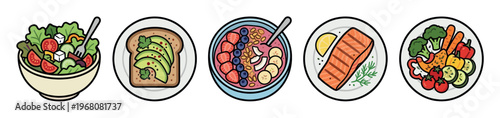 Collection of diverse, colorful flat icons representing healthy meal options including salad, avocado toast, smoothie bowl, grilled salmon, and vegetable plate, perfect for health and wellness themes.