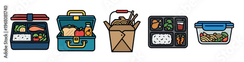 A collection of various packed lunch boxes and takeaway meal containers in a flat vector illustration style, featuring diverse healthy food options and organized compartments for convenient eating.