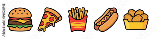 A collection of stylized, flat vector icons depicts popular fast food items including a burger, pizza slice, french fries, hot dog, and chicken nuggets against a white background.