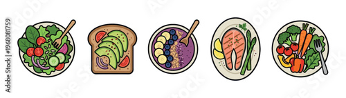 A vibrant illustration showcases a variety of healthy food options including fresh salad, avocado toast, acai bowl, grilled salmon, and mixed vegetables, presented on a clean white background.