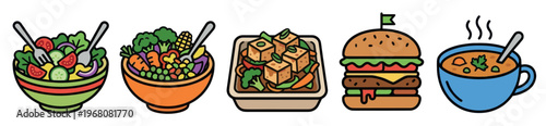 A vibrant collection of cartoon food icons on a white background, featuring healthy salads, a savory tofu dish, a classic hamburger, and warm soup, ideal for menus, apps, or nutrition topics.