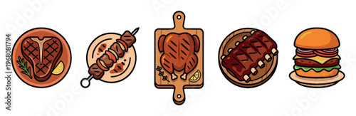 A delightful cartoon illustration featuring a diverse selection of grilled food items, including steak, skewers, roasted chicken, ribs, and a burger, presented with a playful, inviting style.